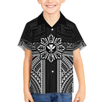 Hawaii And Philippines Together Family Matching Short Sleeve Bodycon Dress and Hawaiian Shirt Polynesian Pattern With Filipino Barong Black