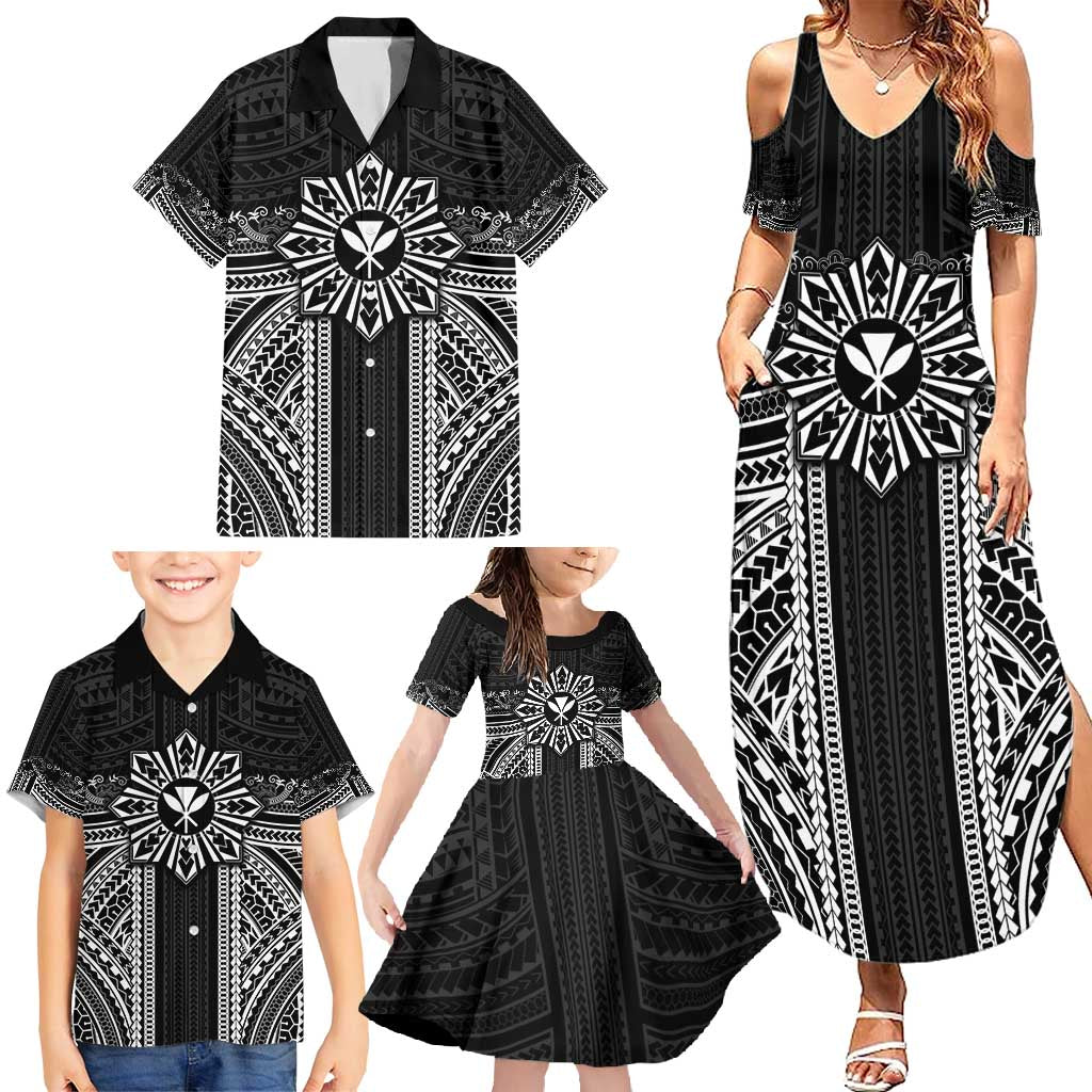 Hawaii And Philippines Together Family Matching Summer Maxi Dress and Hawaiian Shirt Polynesian Pattern With Filipino Barong Black