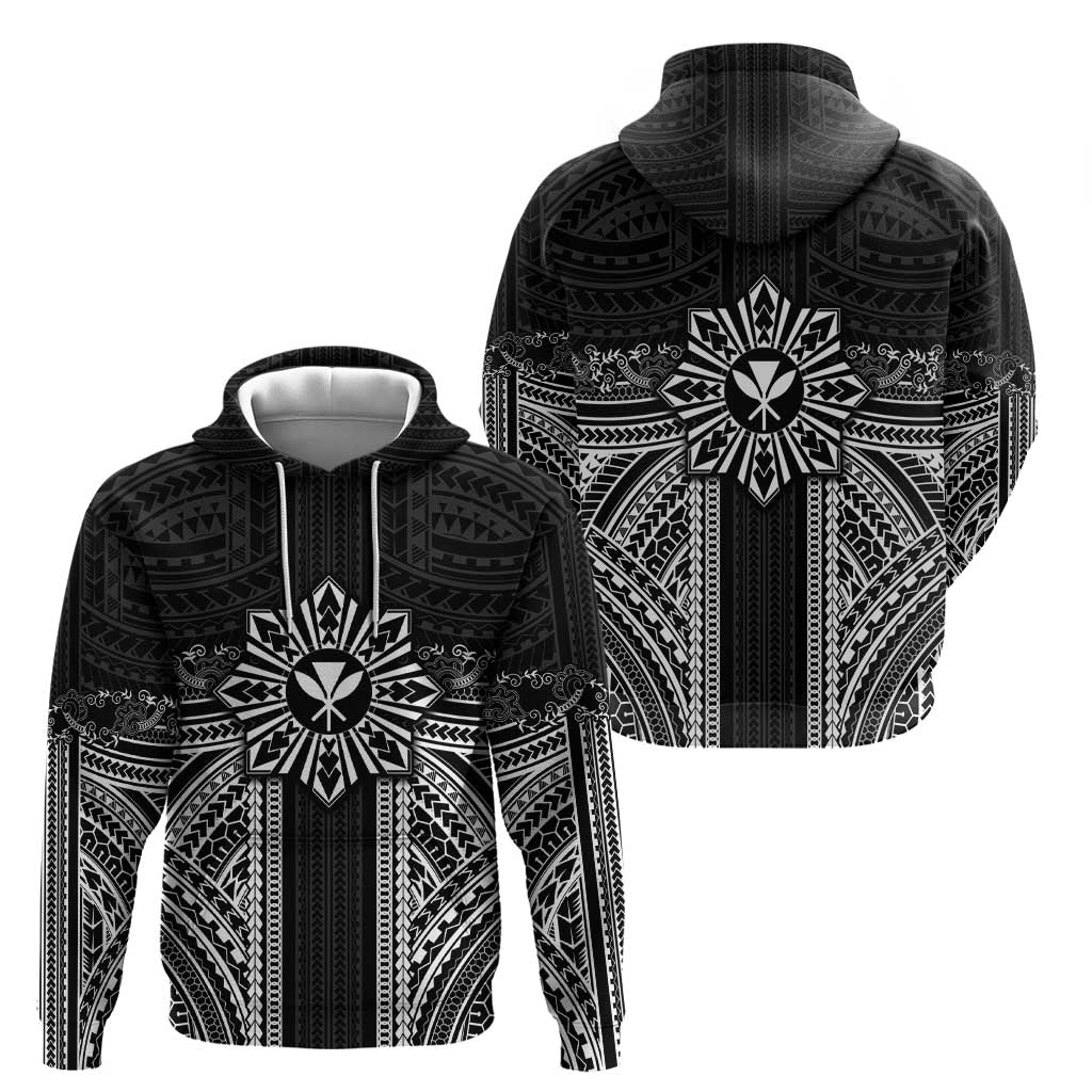 Hawaii And Philippines Together Hoodie Polynesian Pattern With Filipino Barong Black