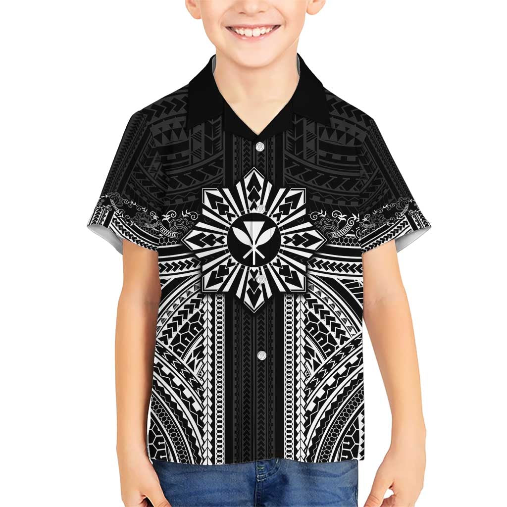 Hawaii And Philippines Together Kid Hawaiian Shirt Polynesian Pattern With Filipino Barong Black