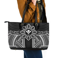 Hawaii And Philippines Together Leather Tote Bag Polynesian Pattern With Filipino Barong Black