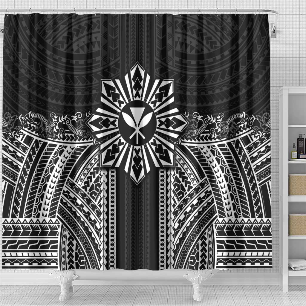 Hawaii And Philippines Together Shower Curtain Polynesian Pattern With Filipino Barong Black