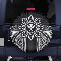 Hawaii And Philippines Together Spare Tire Cover Polynesian Pattern With Filipino Barong Black