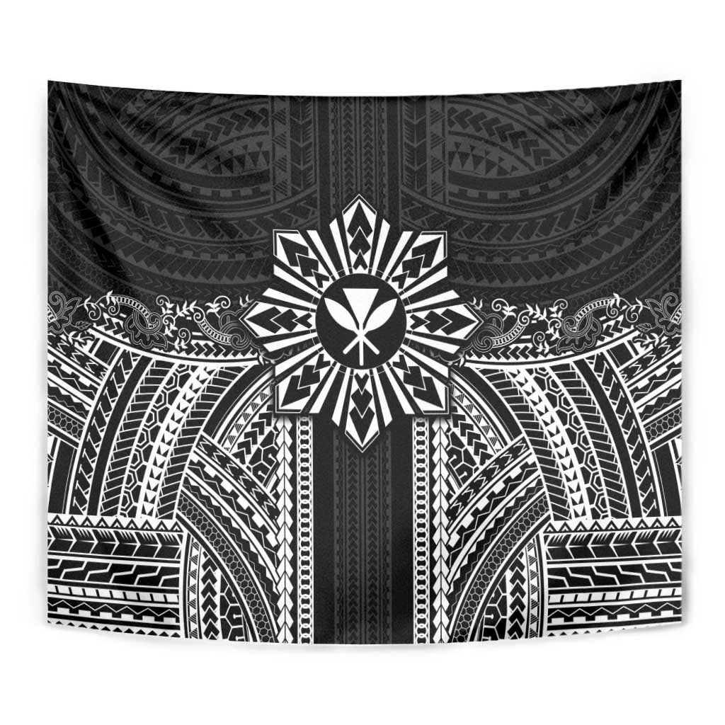 Hawaii And Philippines Together Tapestry Polynesian Pattern With Filipino Barong Black