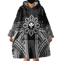 Hawaii And Philippines Together Wearable Blanket Hoodie Polynesian Pattern With Filipino Barong Black