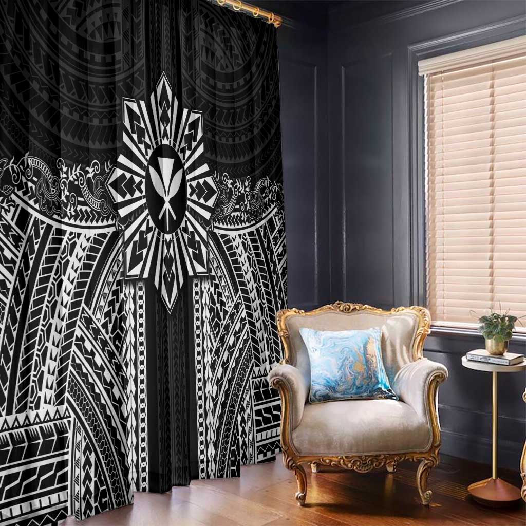 Hawaii And Philippines Together Window Curtain Polynesian Pattern With Filipino Barong Black
