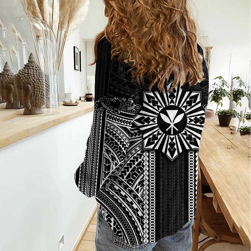 Hawaii And Philippines Together Women Casual Shirt Polynesian Pattern With Filipino Barong Black