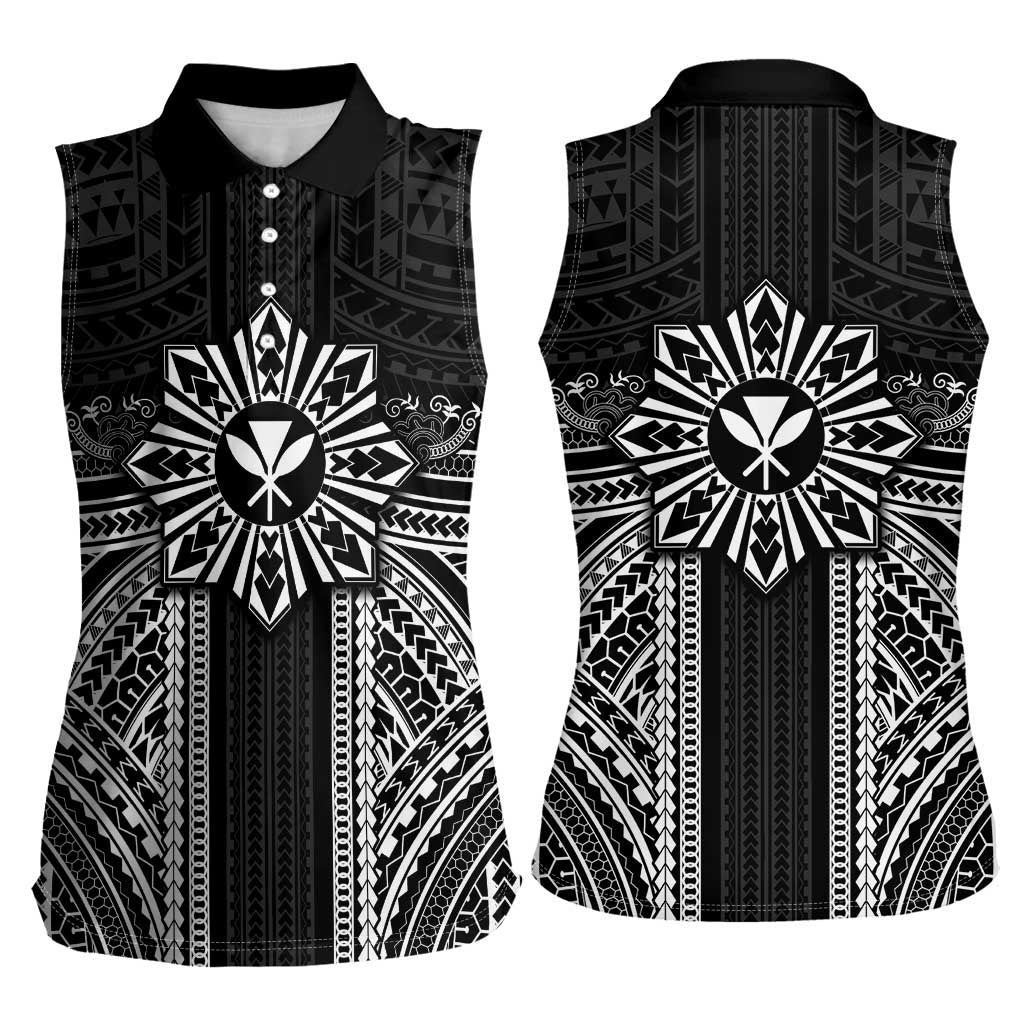 Hawaii And Philippines Together Women Sleeveless Polo Shirt Polynesian Pattern With Filipino Barong Black