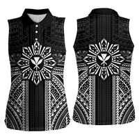 Hawaii And Philippines Together Women Sleeveless Polo Shirt Polynesian Pattern With Filipino Barong Black