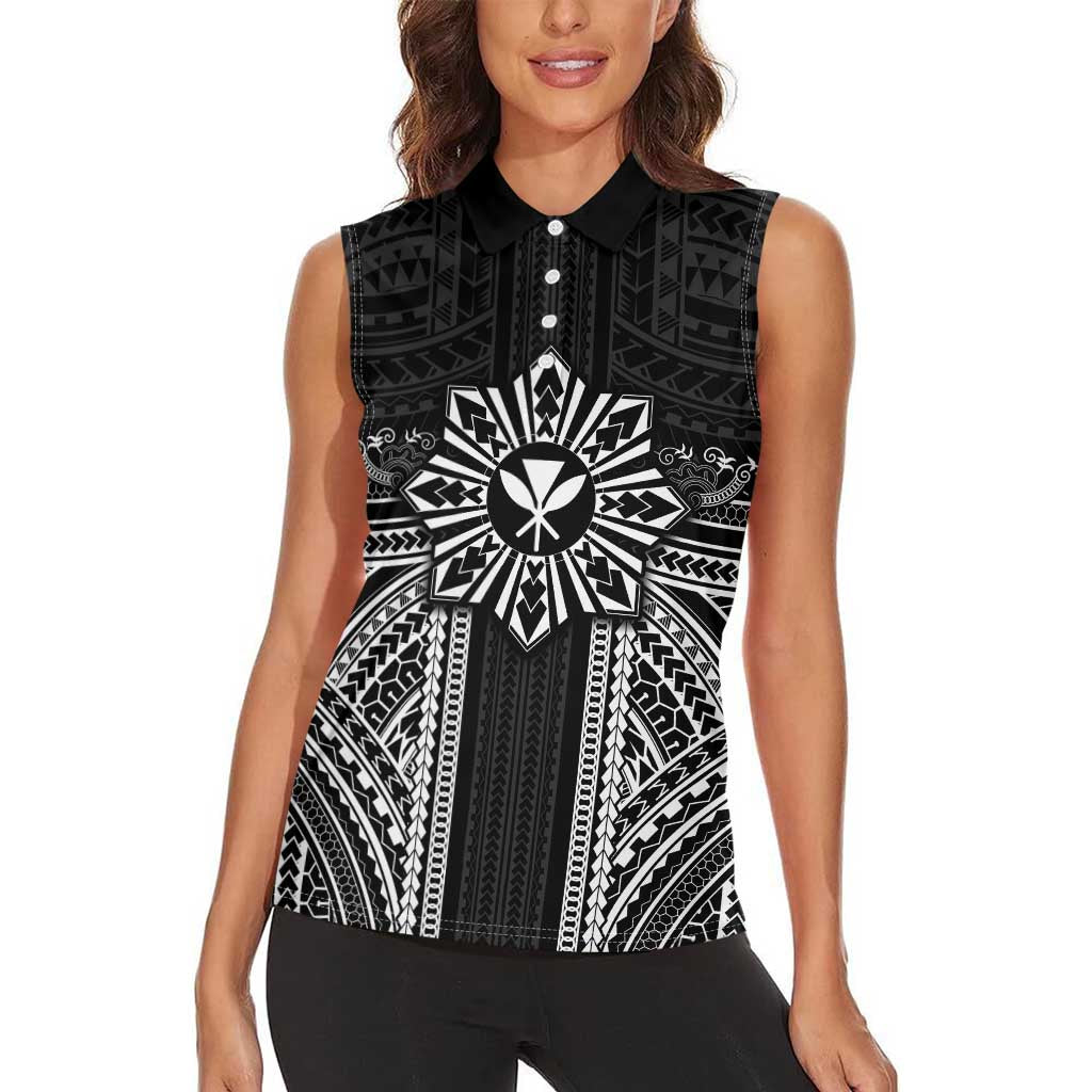 Hawaii And Philippines Together Women Sleeveless Polo Shirt Polynesian Pattern With Filipino Barong Black