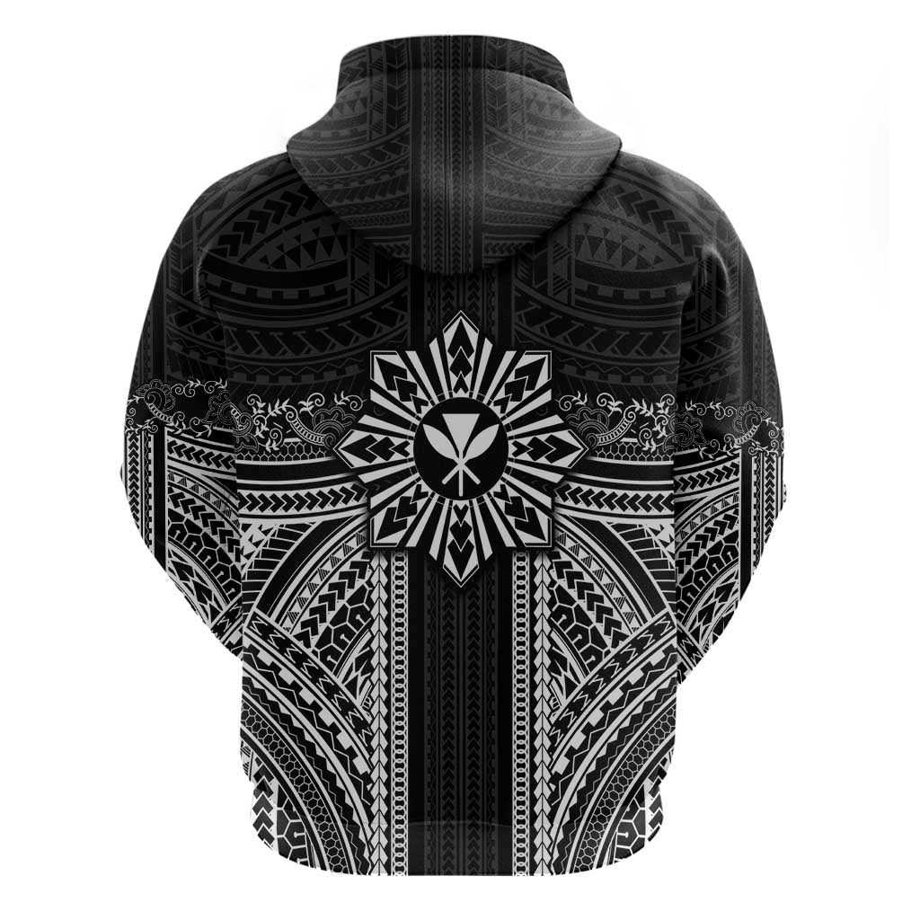Hawaii And Philippines Together Zip Hoodie Polynesian Pattern With Filipino Barong Black