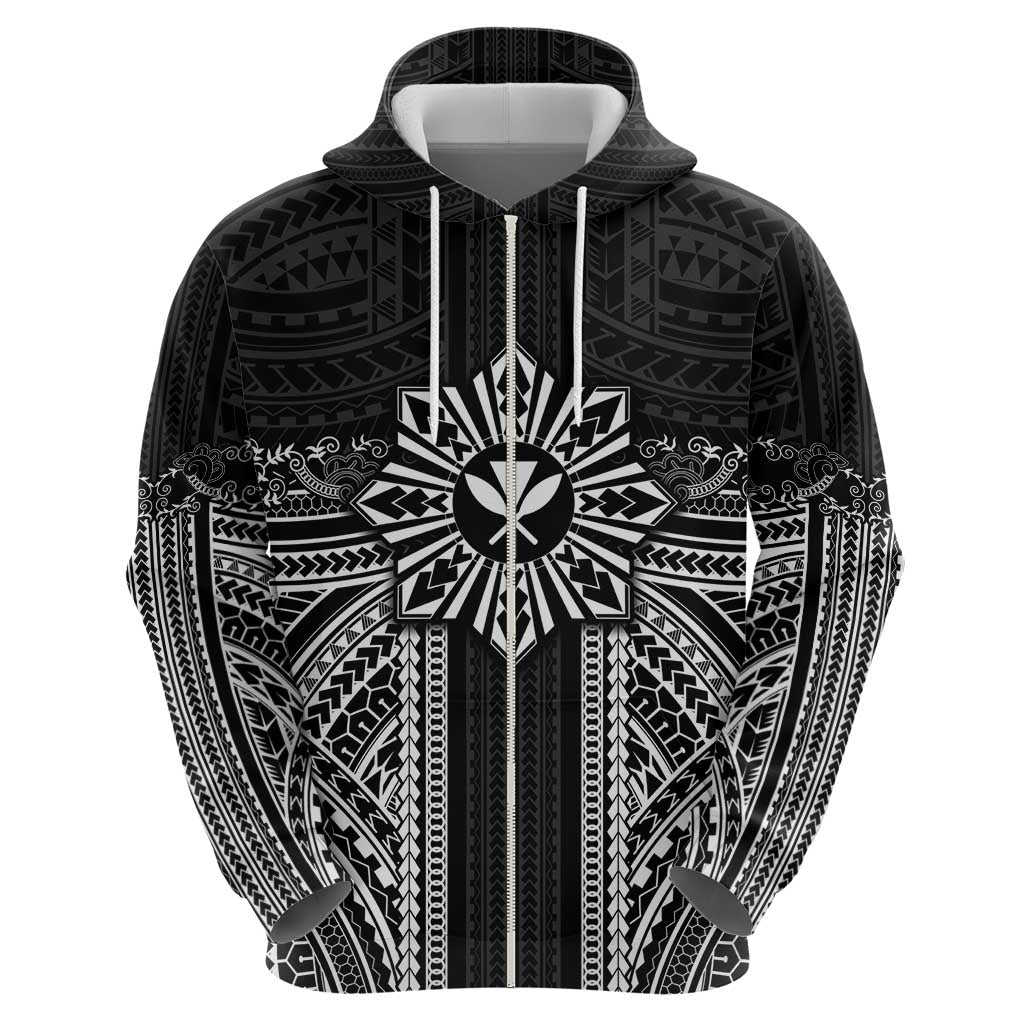Hawaii And Philippines Together Zip Hoodie Polynesian Pattern With Filipino Barong Black