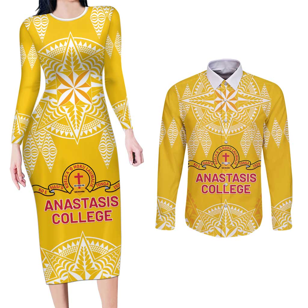 Personalised Anastasis College Couples Matching Long Sleeve Bodycon Dress and Long Sleeve Button Shirt Tonga Ngatu Pattern - Polynesian Pride