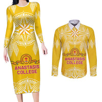 Personalised Anastasis College Couples Matching Long Sleeve Bodycon Dress and Long Sleeve Button Shirt Tonga Ngatu Pattern - Polynesian Pride