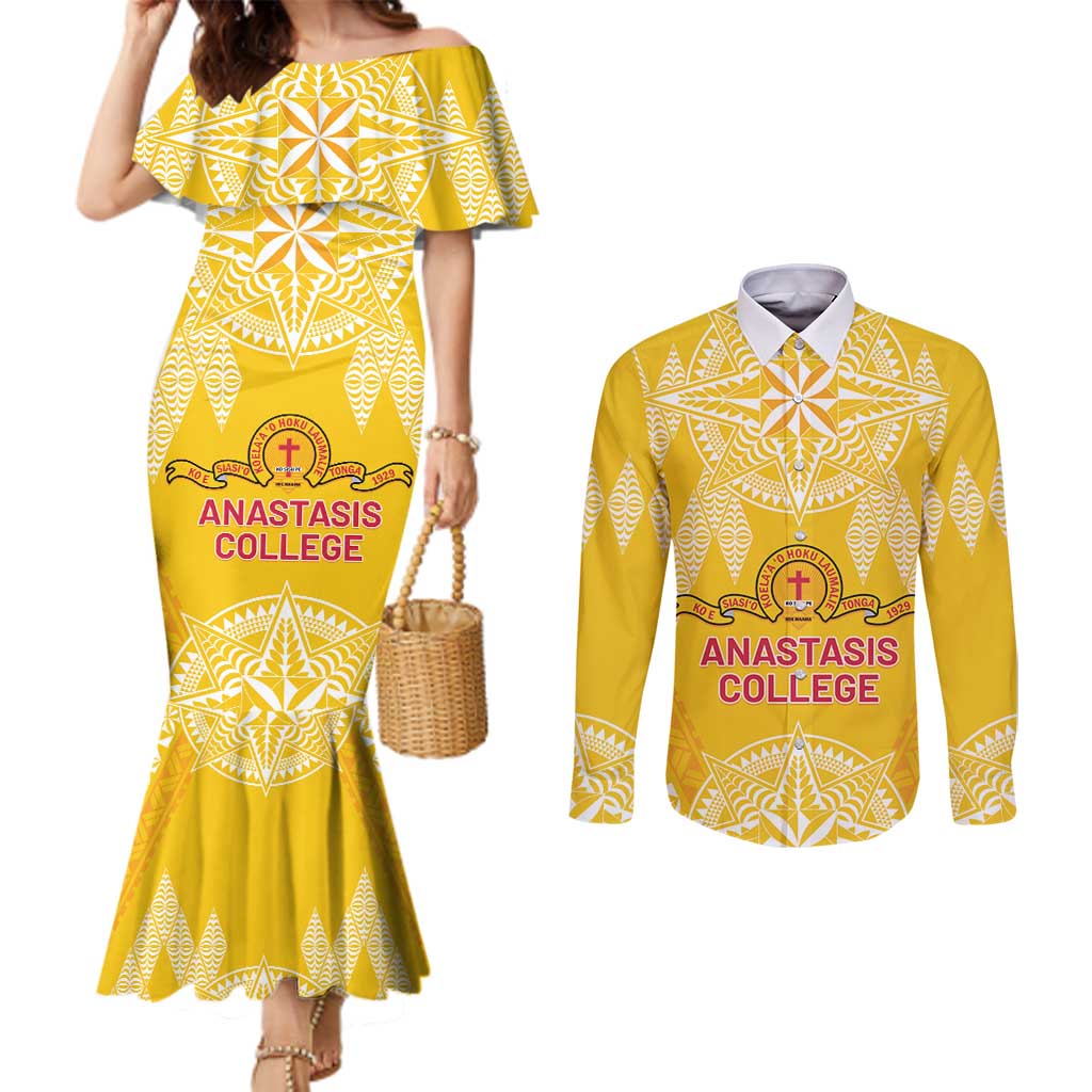 Personalised Anastasis College Couples Matching Mermaid Dress and Long Sleeve Button Shirt Tonga Ngatu Pattern - Polynesian Pride