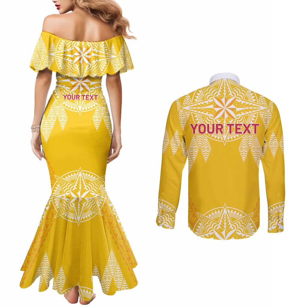 Personalised Anastasis College Couples Matching Mermaid Dress and Long Sleeve Button Shirt Tonga Ngatu Pattern - Polynesian Pride