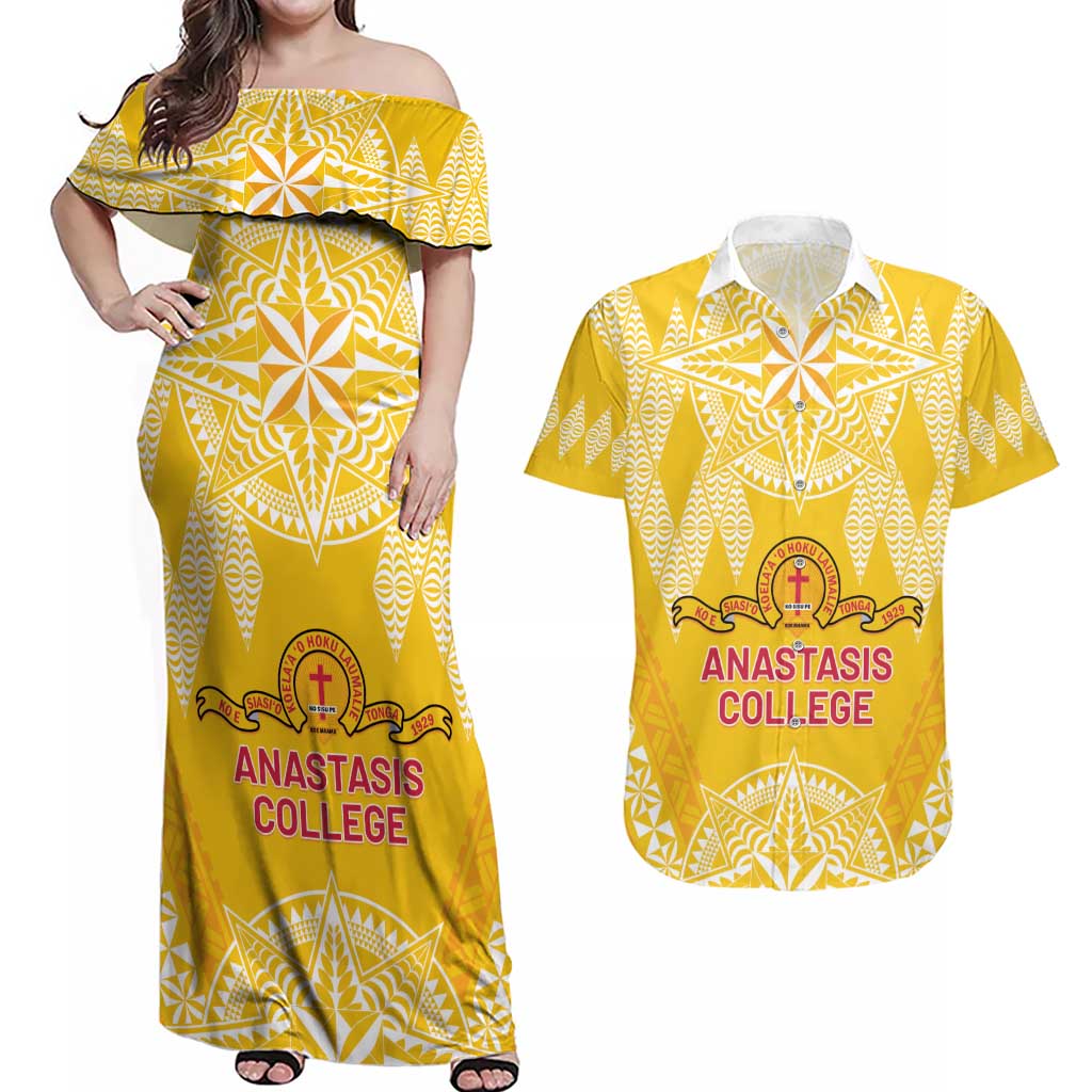 Personalised Anastasis College Couples Matching Off Shoulder Maxi Dress and Hawaiian Shirt Tonga Ngatu Pattern - Polynesian Pride