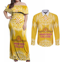 Personalised Anastasis College Couples Matching Off Shoulder Maxi Dress and Long Sleeve Button Shirt Tonga Ngatu Pattern - Polynesian Pride