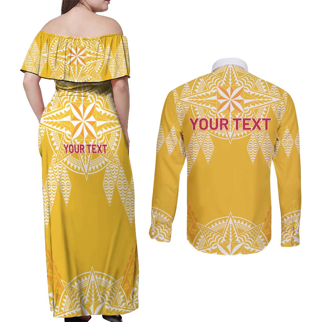 Personalised Anastasis College Couples Matching Off Shoulder Maxi Dress and Long Sleeve Button Shirt Tonga Ngatu Pattern - Polynesian Pride