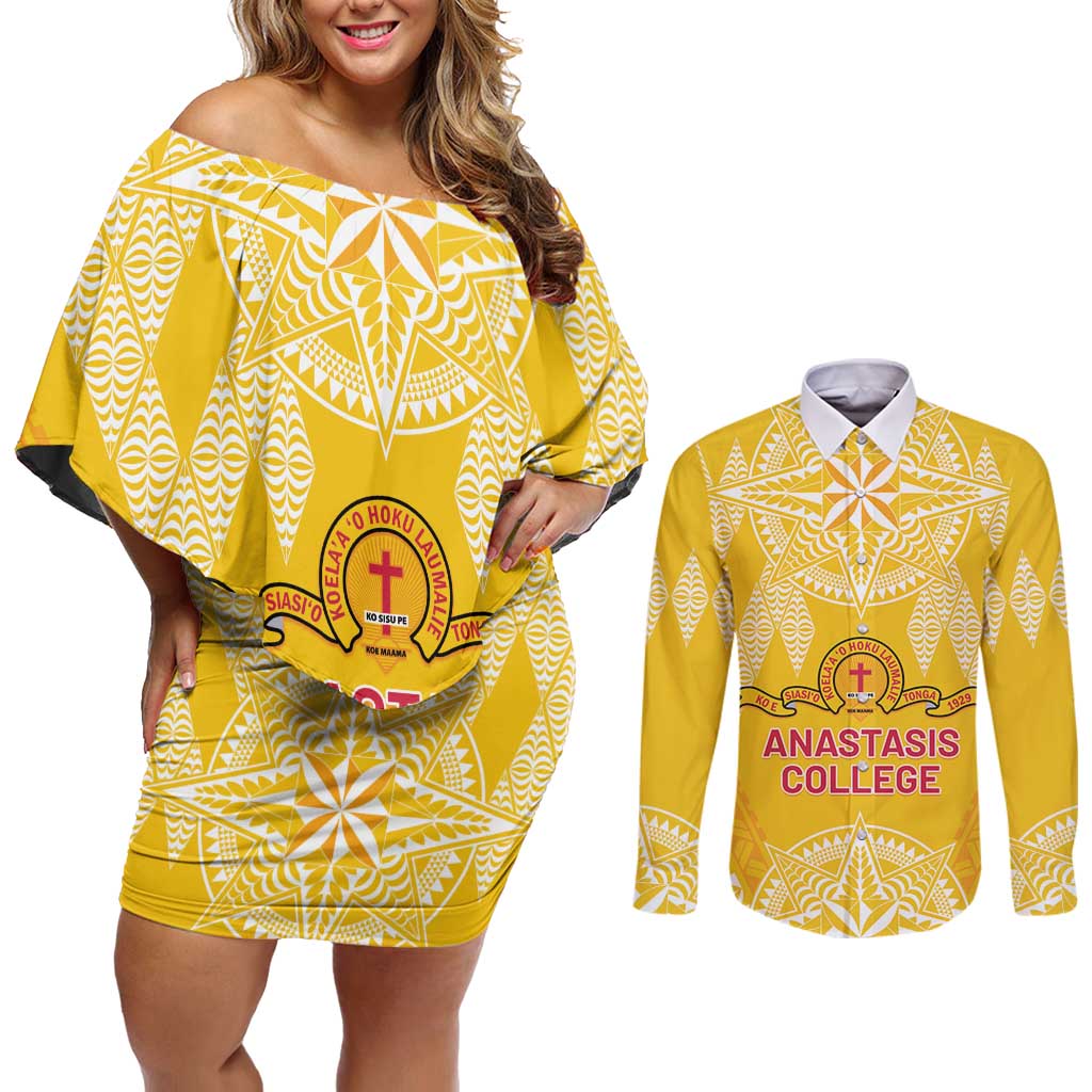 Personalised Anastasis College Couples Matching Off Shoulder Short Dress and Long Sleeve Button Shirt Tonga Ngatu Pattern - Polynesian Pride