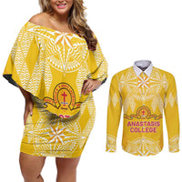 Personalised Anastasis College Couples Matching Off Shoulder Short Dress and Long Sleeve Button Shirt Tonga Ngatu Pattern - Polynesian Pride