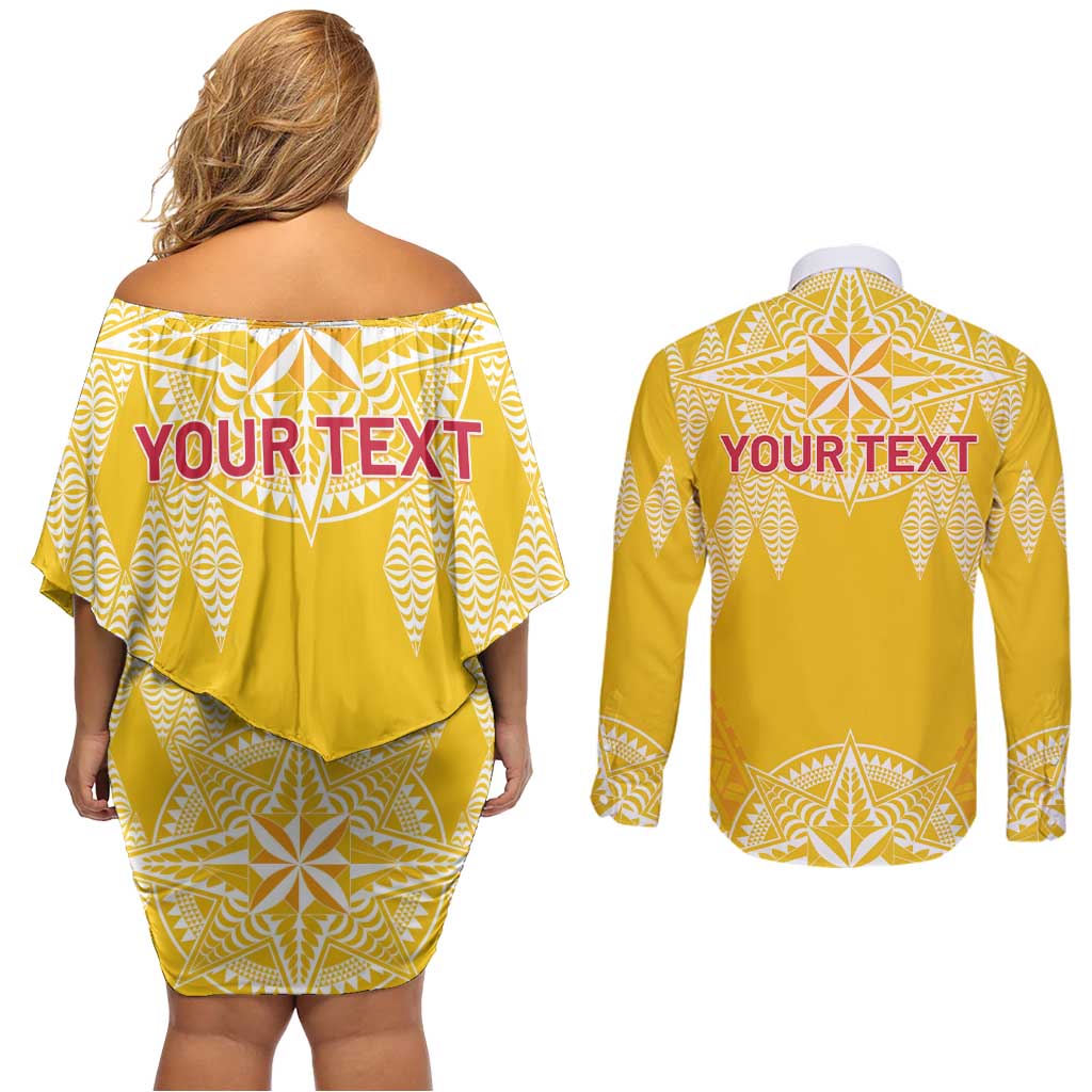 Personalised Anastasis College Couples Matching Off Shoulder Short Dress and Long Sleeve Button Shirt Tonga Ngatu Pattern - Polynesian Pride