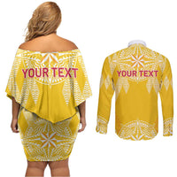 Personalised Anastasis College Couples Matching Off Shoulder Short Dress and Long Sleeve Button Shirt Tonga Ngatu Pattern - Polynesian Pride