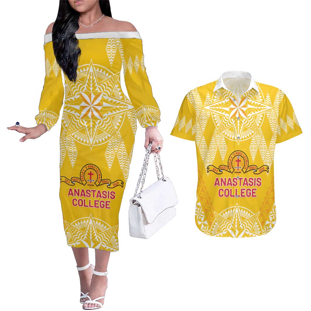 Personalised Anastasis College Couples Matching Off The Shoulder Long Sleeve Dress and Hawaiian Shirt Tonga Ngatu Pattern - Polynesian Pride