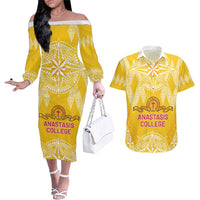 Personalised Anastasis College Couples Matching Off The Shoulder Long Sleeve Dress and Hawaiian Shirt Tonga Ngatu Pattern - Polynesian Pride