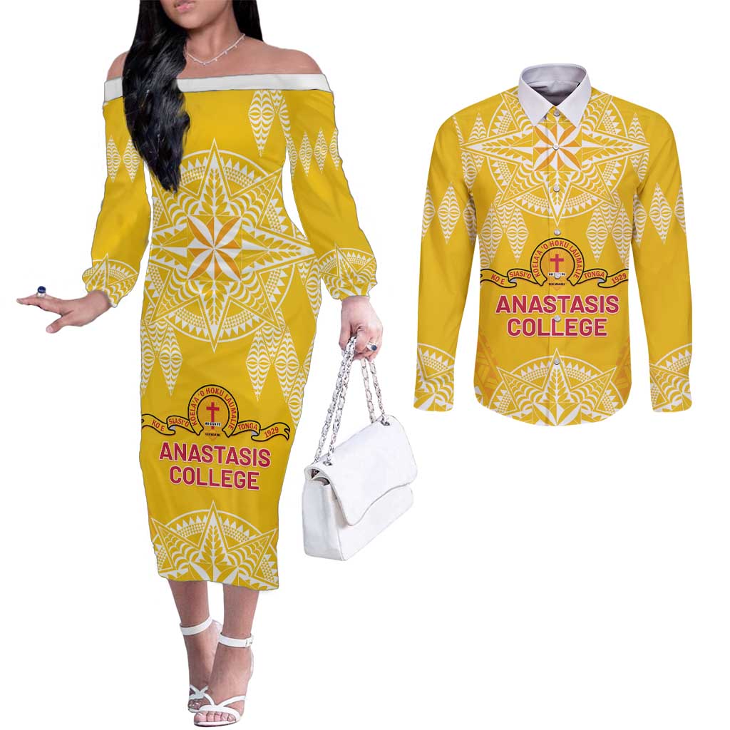 Personalised Anastasis College Couples Matching Off The Shoulder Long Sleeve Dress and Long Sleeve Button Shirt Tonga Ngatu Pattern - Polynesian Pride