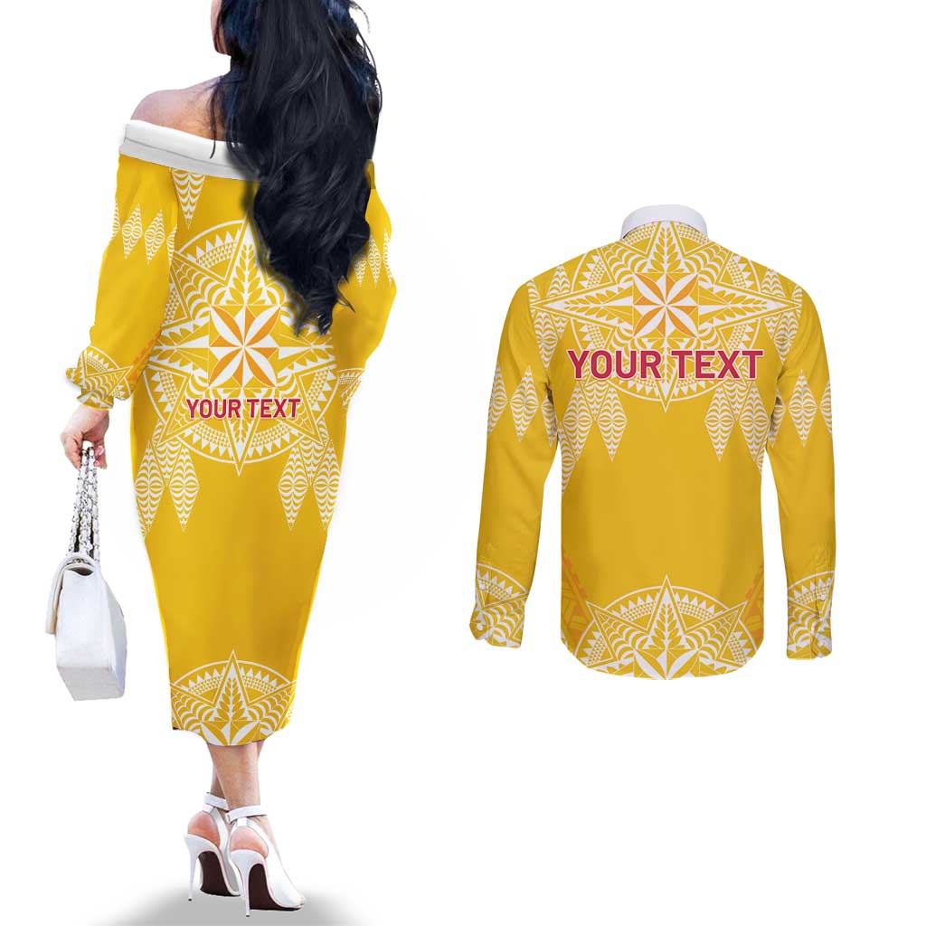 Personalised Anastasis College Couples Matching Off The Shoulder Long Sleeve Dress and Long Sleeve Button Shirt Tonga Ngatu Pattern - Polynesian Pride