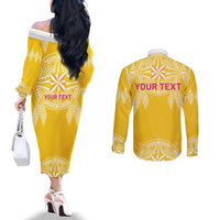Personalised Anastasis College Couples Matching Off The Shoulder Long Sleeve Dress and Long Sleeve Button Shirt Tonga Ngatu Pattern - Polynesian Pride