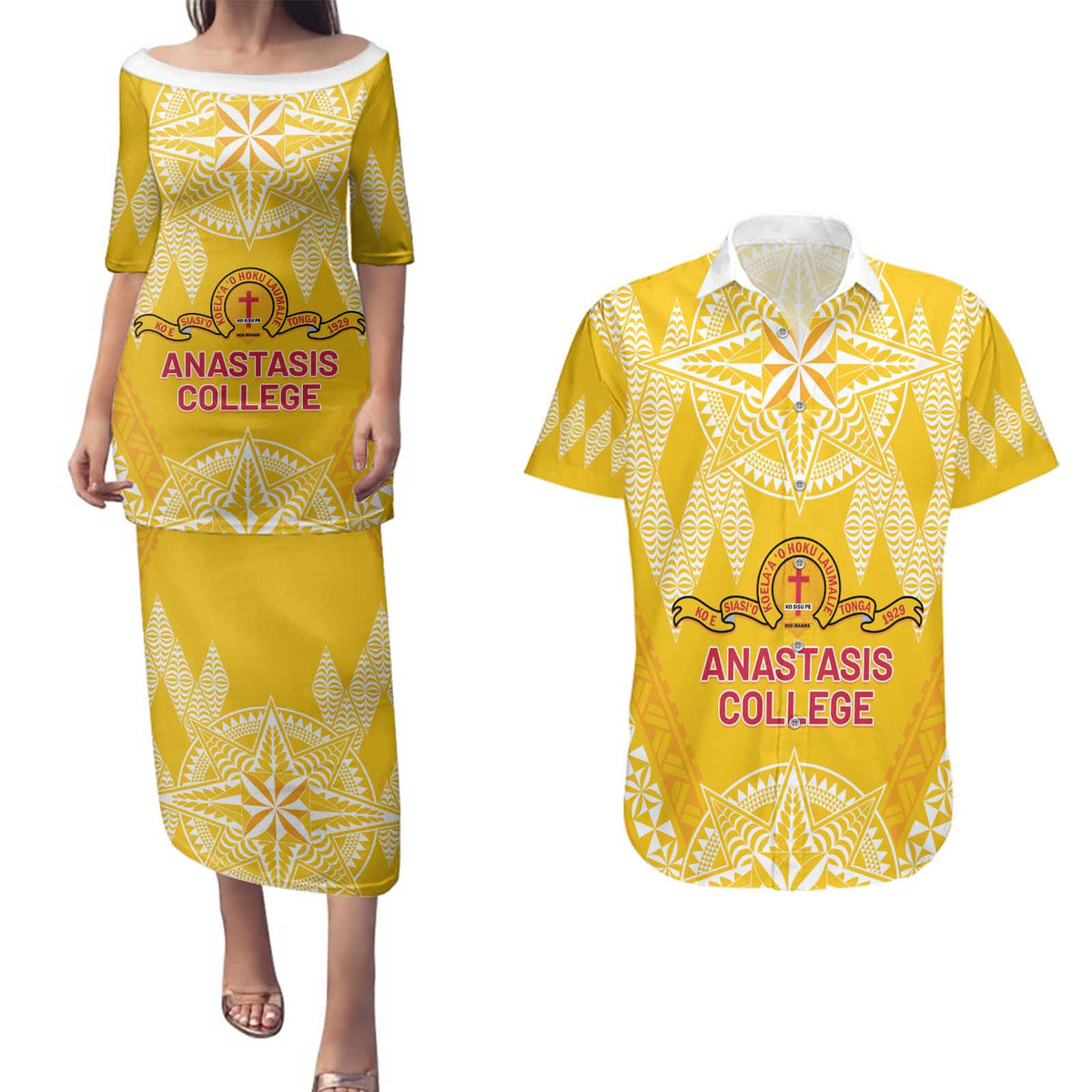 Personalised Anastasis College Couples Matching Puletasi and Hawaiian Shirt Tonga Ngatu Pattern - Polynesian Pride