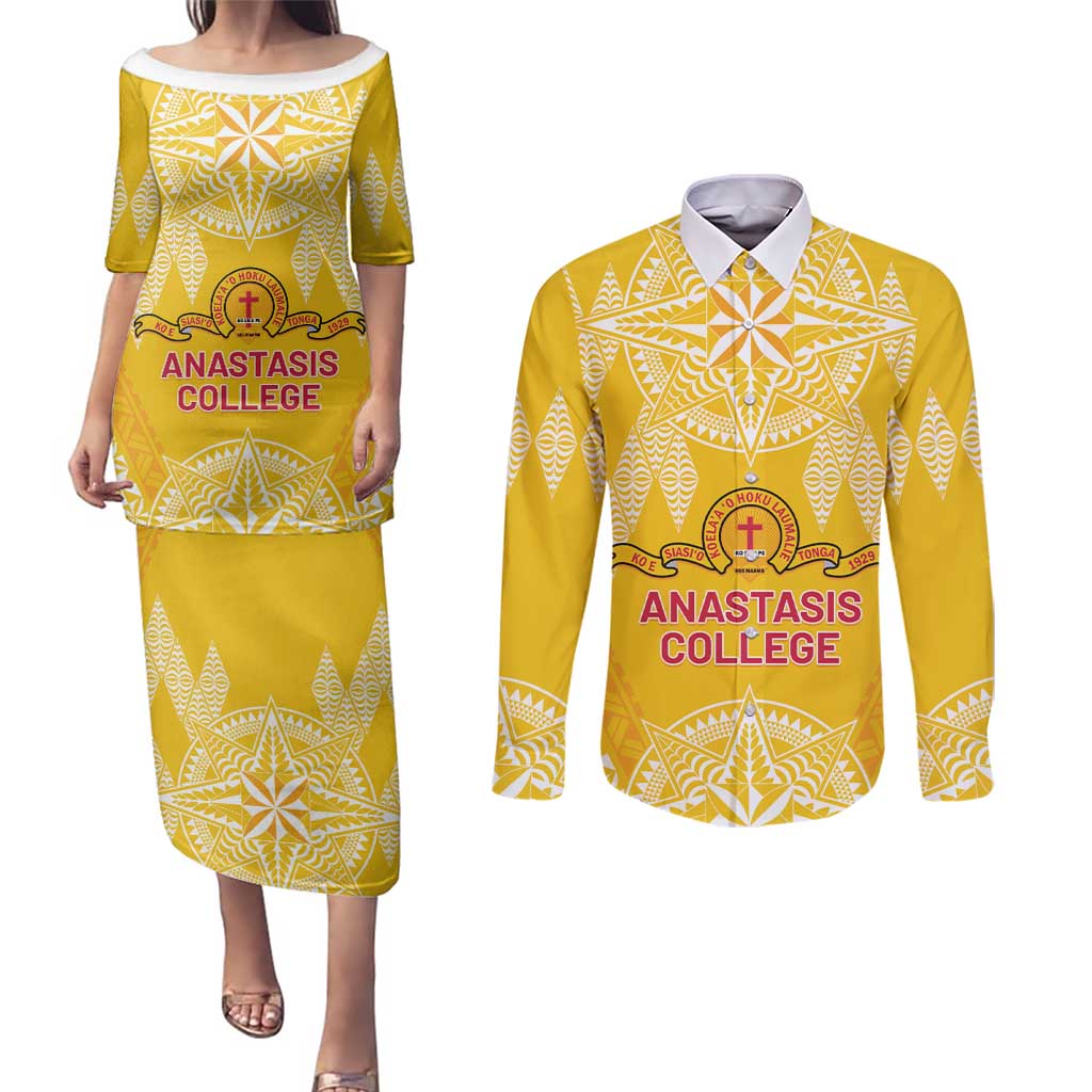 Personalised Anastasis College Couples Matching Puletasi and Long Sleeve Button Shirt Tonga Ngatu Pattern - Polynesian Pride