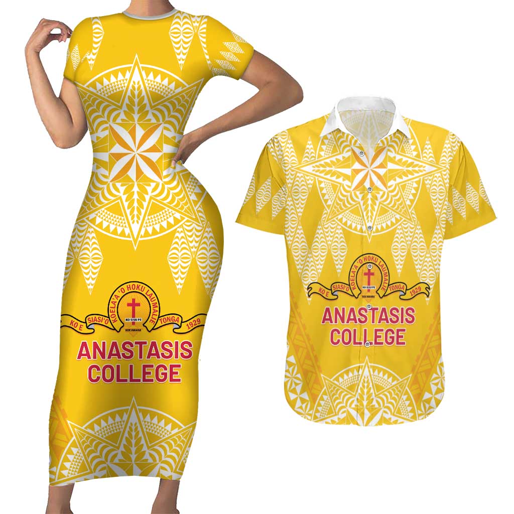 Personalised Anastasis College Couples Matching Short Sleeve Bodycon Dress and Hawaiian Shirt Tonga Ngatu Pattern - Polynesian Pride