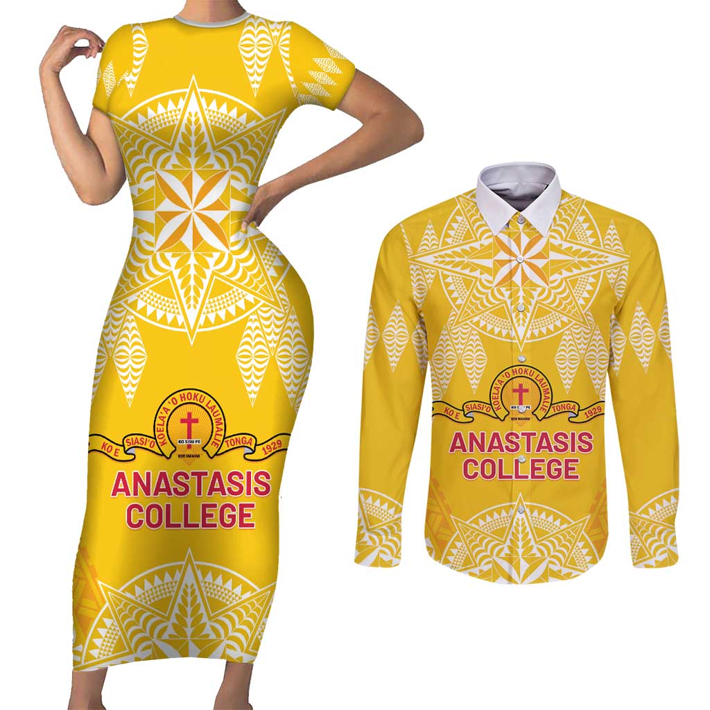 Personalised Anastasis College Couples Matching Short Sleeve Bodycon Dress and Long Sleeve Button Shirt Tonga Ngatu Pattern - Polynesian Pride
