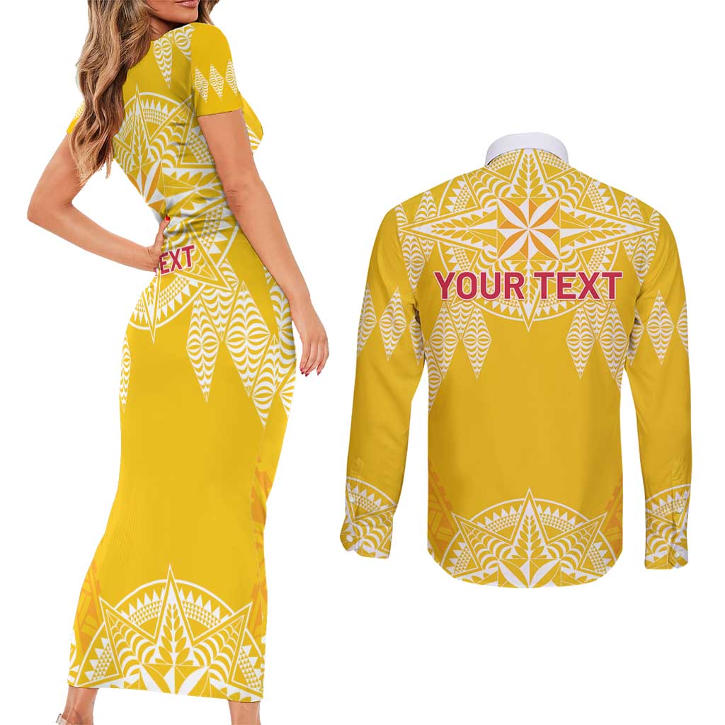 Personalised Anastasis College Couples Matching Short Sleeve Bodycon Dress and Long Sleeve Button Shirt Tonga Ngatu Pattern - Polynesian Pride