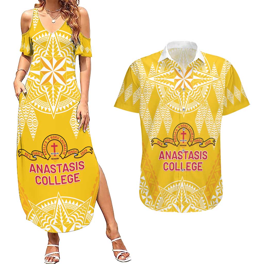 Personalised Anastasis College Couples Matching Summer Maxi Dress and Hawaiian Shirt Tonga Ngatu Pattern - Polynesian Pride