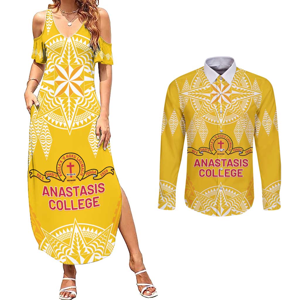 Personalised Anastasis College Couples Matching Summer Maxi Dress and Long Sleeve Button Shirt Tonga Ngatu Pattern - Polynesian Pride