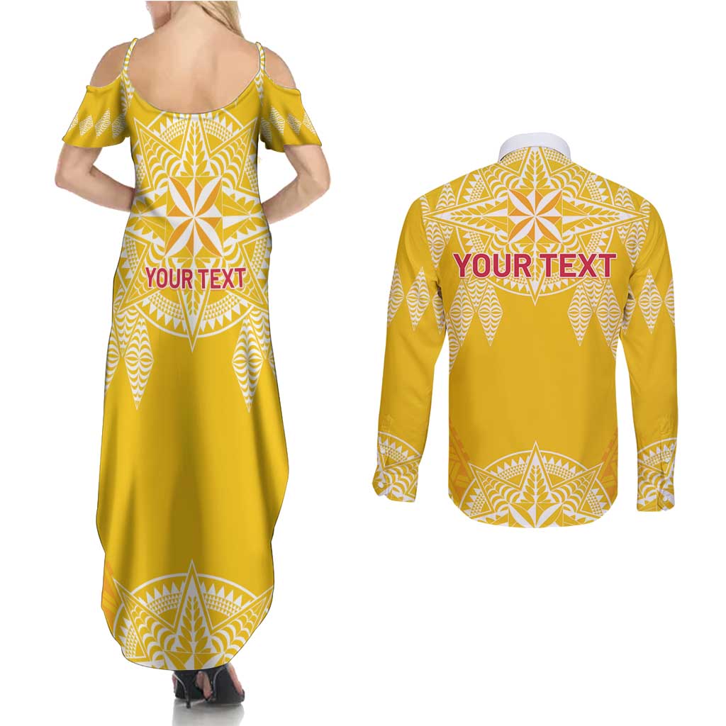 Personalised Anastasis College Couples Matching Summer Maxi Dress and Long Sleeve Button Shirt Tonga Ngatu Pattern - Polynesian Pride