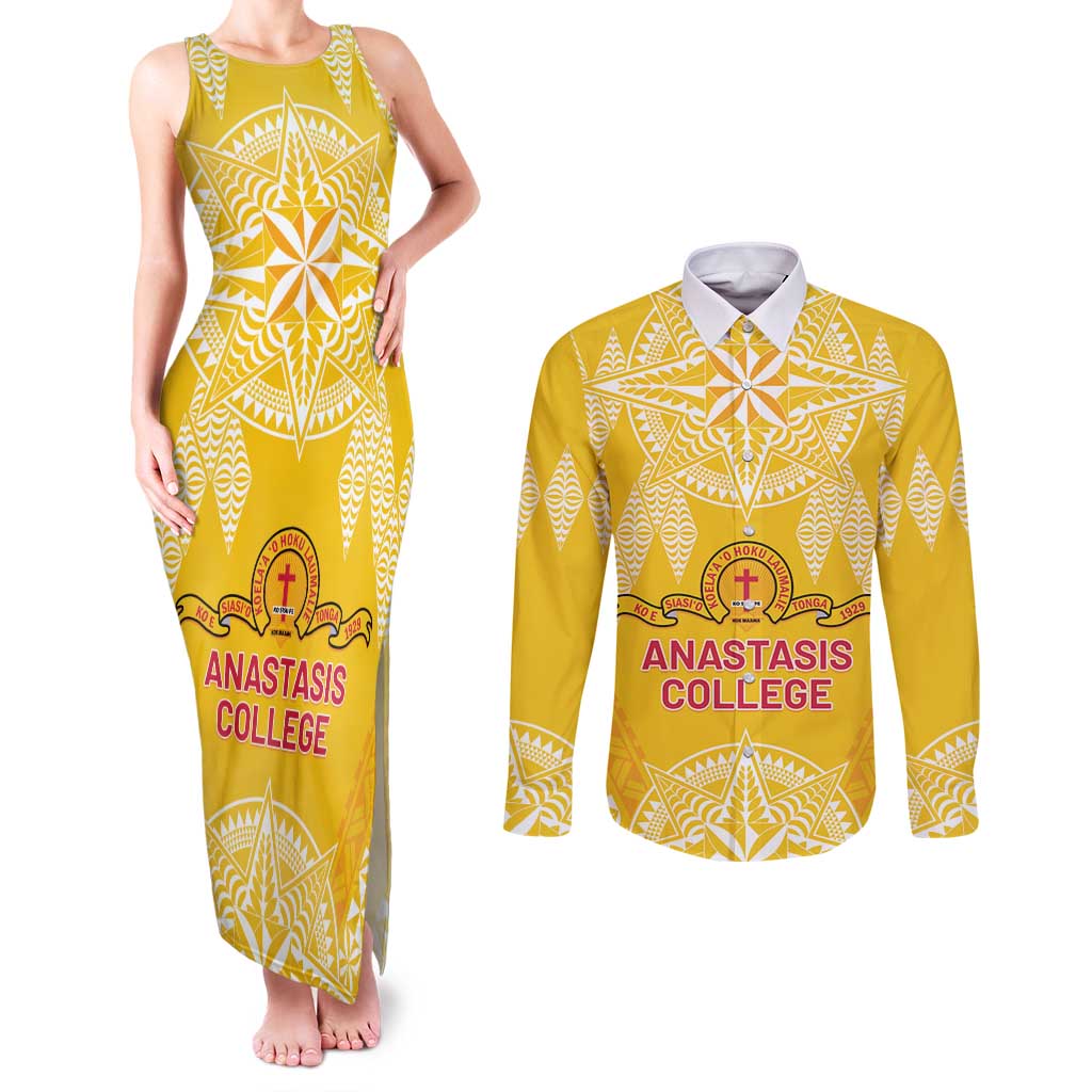 Personalised Anastasis College Couples Matching Tank Maxi Dress and Long Sleeve Button Shirt Tonga Ngatu Pattern - Polynesian Pride