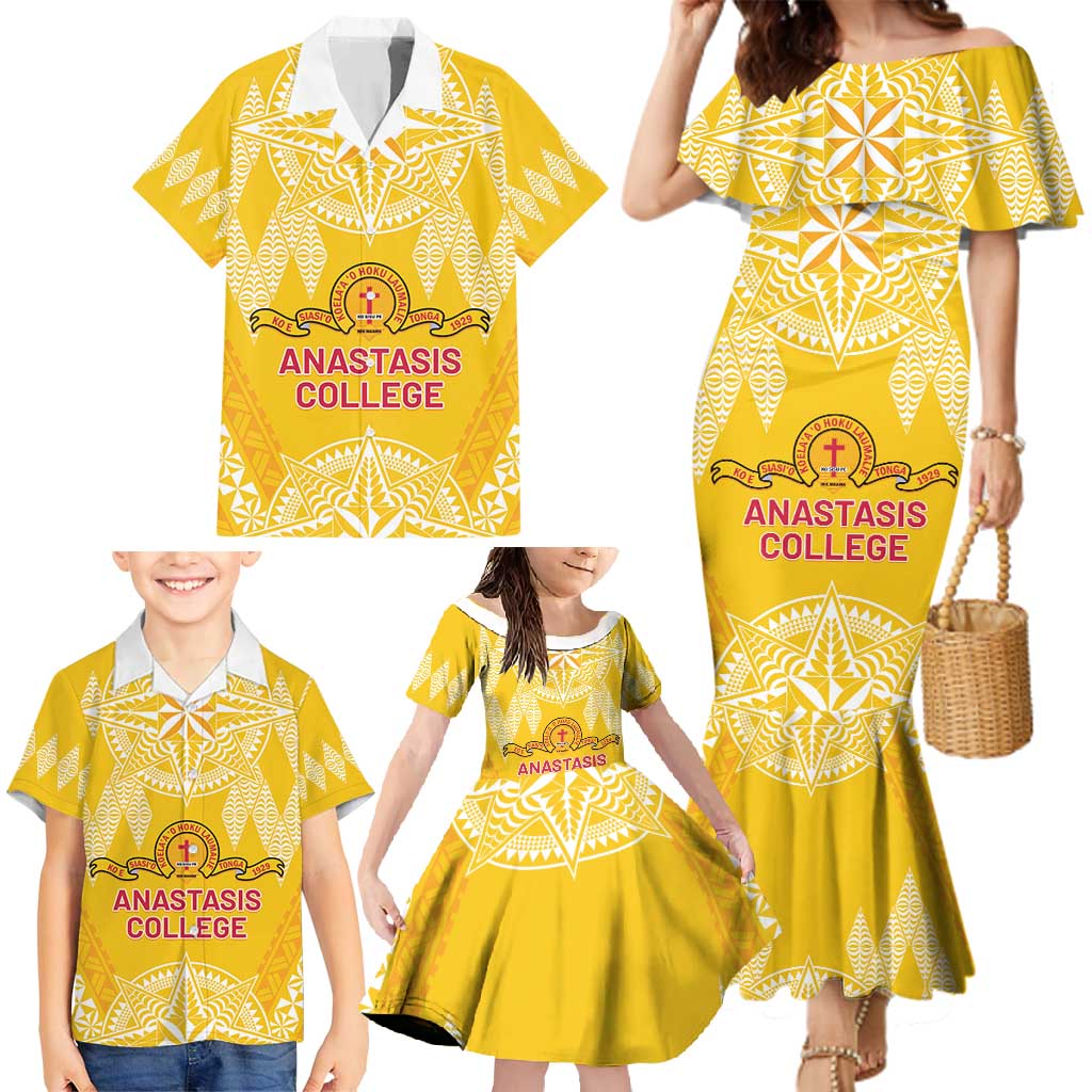 Personalised Anastasis College Family Matching Mermaid Dress and Hawaiian Shirt Tonga Ngatu Pattern - Polynesian Pride