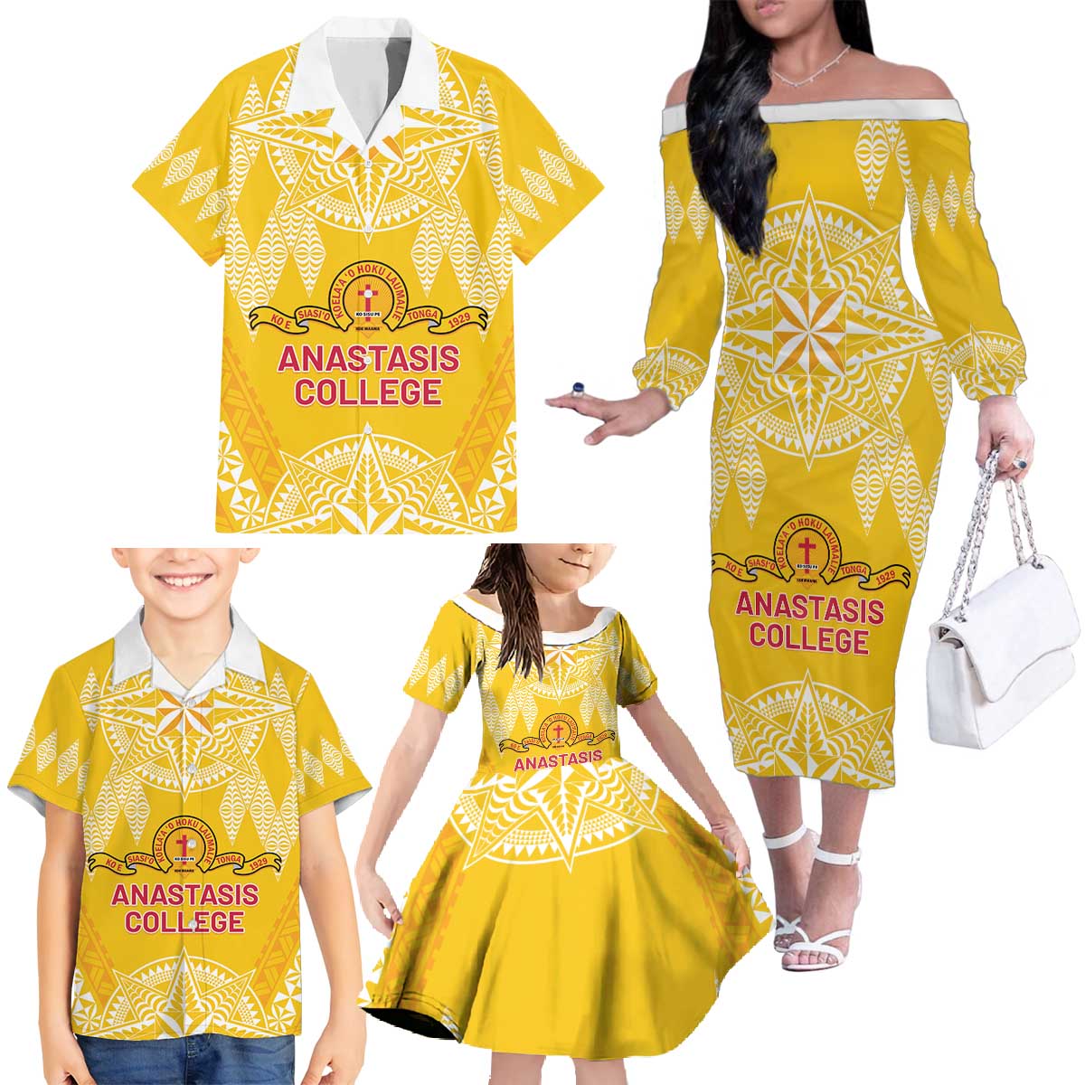 Personalised Anastasis College Family Matching Off The Shoulder Long Sleeve Dress and Hawaiian Shirt Tonga Ngatu Pattern - Polynesian Pride
