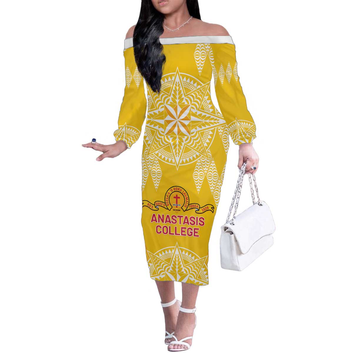 Personalised Anastasis College Family Matching Off The Shoulder Long Sleeve Dress and Hawaiian Shirt Tonga Ngatu Pattern - Polynesian Pride