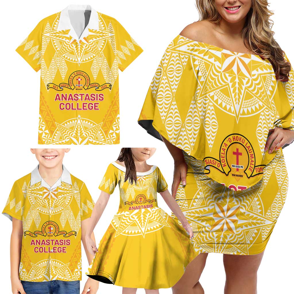 Personalised Anastasis College Family Matching Off Shoulder Short Dress and Hawaiian Shirt Tonga Ngatu Pattern - Polynesian Pride