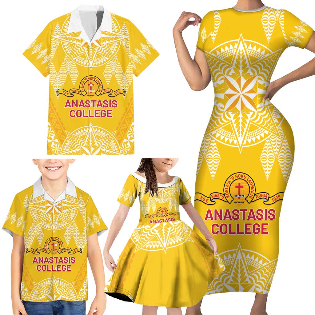 Personalised Anastasis College Family Matching Short Sleeve Bodycon Dress and Hawaiian Shirt Tonga Ngatu Pattern - Polynesian Pride