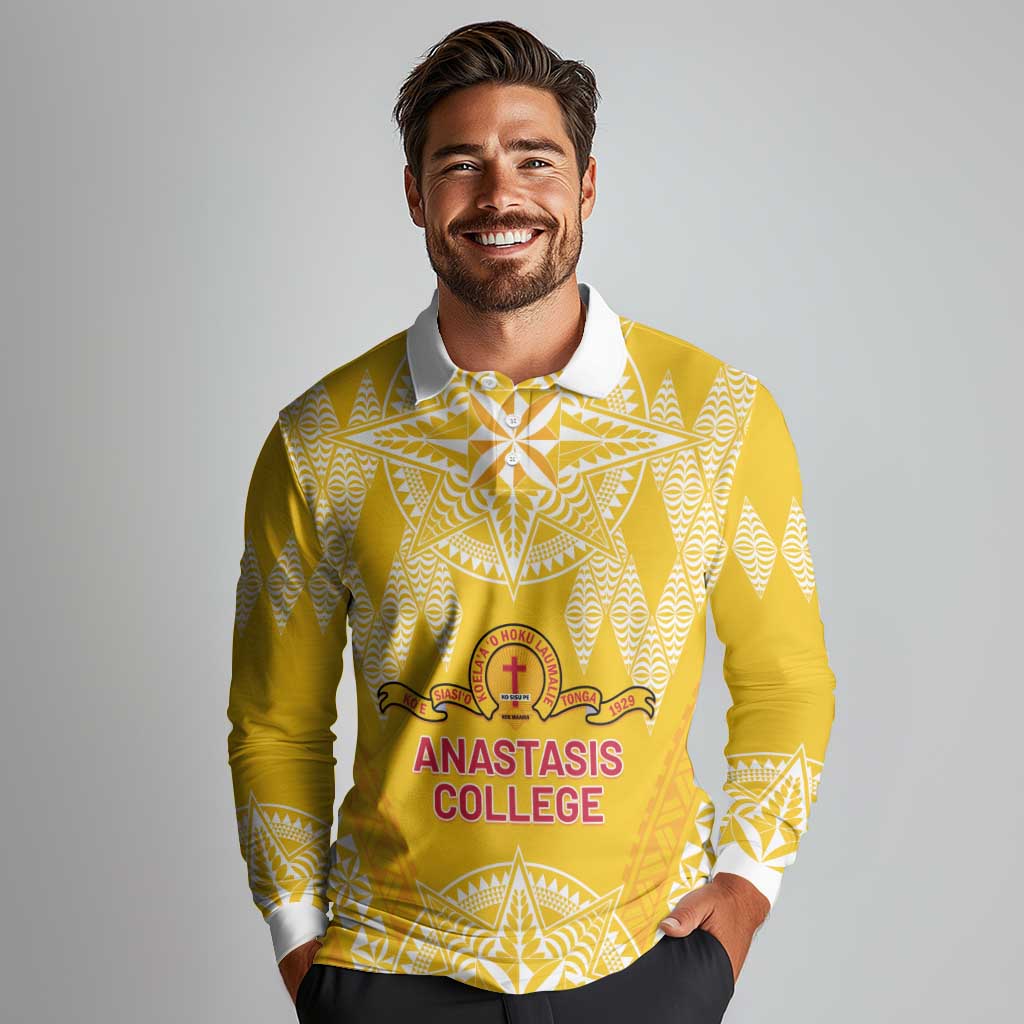 Personalised Anastasis College Long Sleeve Polo Shirt Tonga Ngatu Pattern - Polynesian Pride