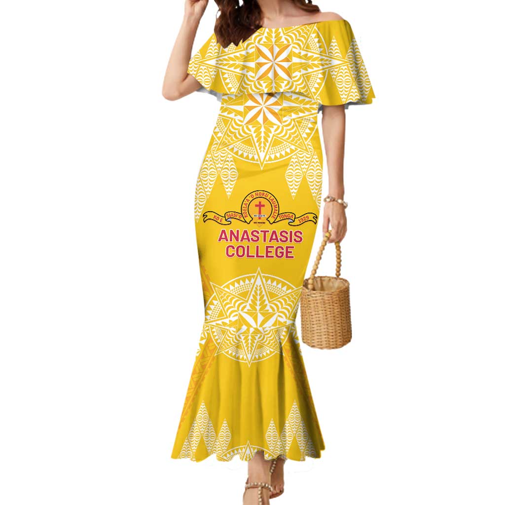 Personalised Anastasis College Mermaid Dress Tonga Ngatu Pattern - Polynesian Pride