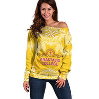 Personalised Anastasis College Off Shoulder Sweater Tonga Ngatu Pattern - Polynesian Pride