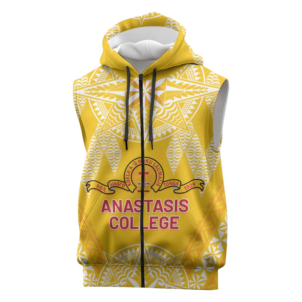 Personalised Anastasis College Sleeveless Zip Hoodie Tonga Ngatu Pattern LT05 Yellow - Polynesian Pride